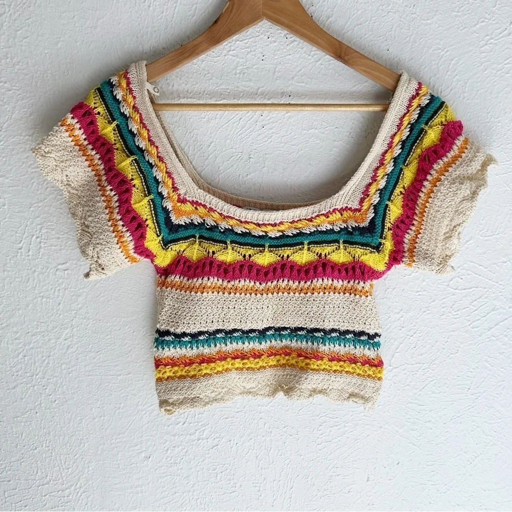 Zara Multicolor Knit Top Striped Off Shoulder Sz Small Cream